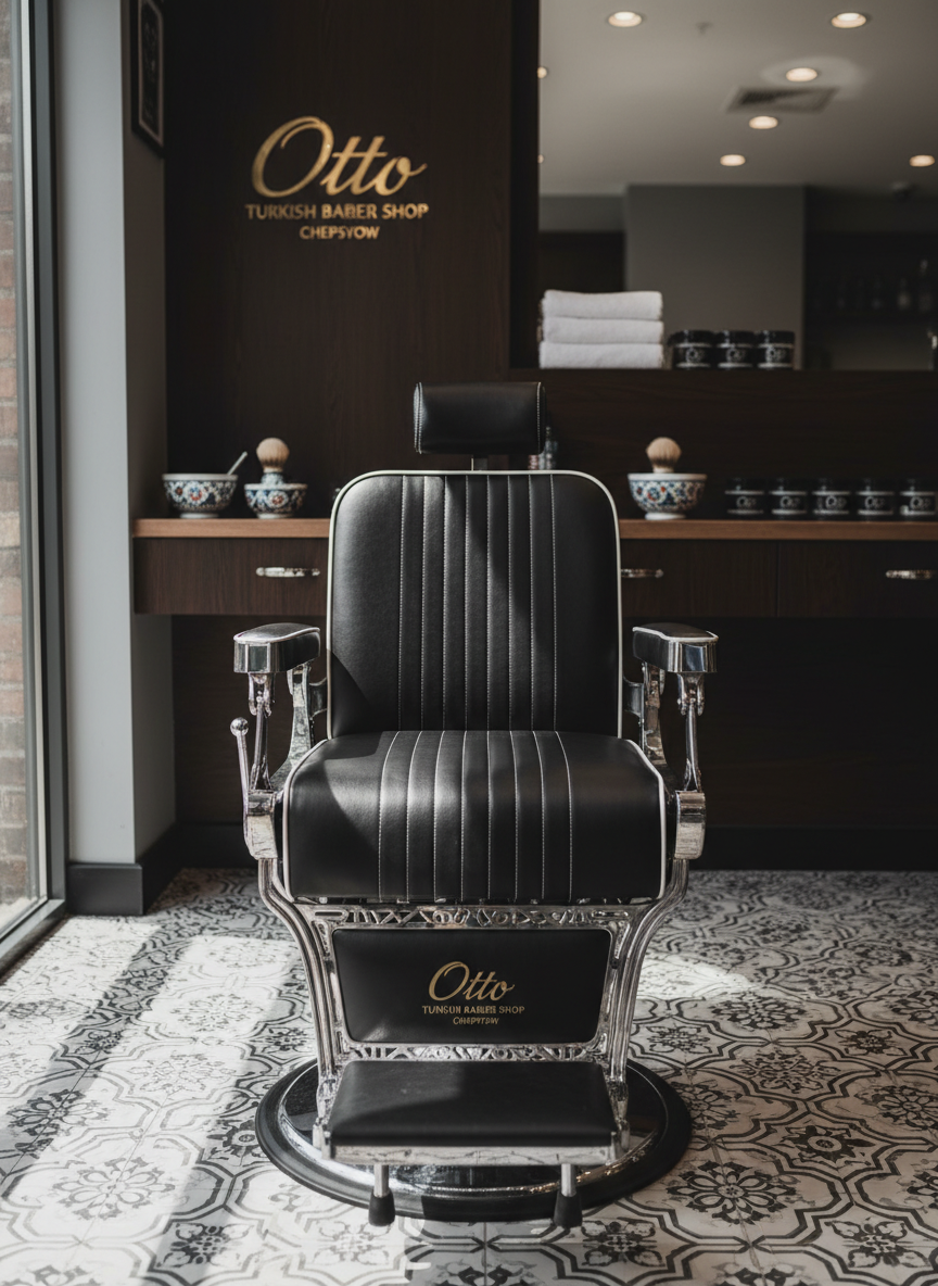 A close-up of a luxurious black leather barber chair with precise white stitching and a polished chrome footrest, positioned centrally in a pristine Turkish barbershop interior branded as “Otto Turkish Barber Shop, Chepstow.” The chair faces a sleek wall-mounted dark-wood station topped with folded white towels, ornate ceramic shaving bowls, and neatly stacked branded product jars. Subtle warm overhead lighting accentuates the texture of the leather and chrome edges, while diffused natural light from a side window creates soft, elongated shadows across the tiled floor. Photographic realism with a slightly angled perspective and moderate depth of field, capturing the chair in sharp focus and the background stations gently softened. The mood is welcoming, professional, and quietly luxurious, emphasizing comfort and quality craftsmanship.