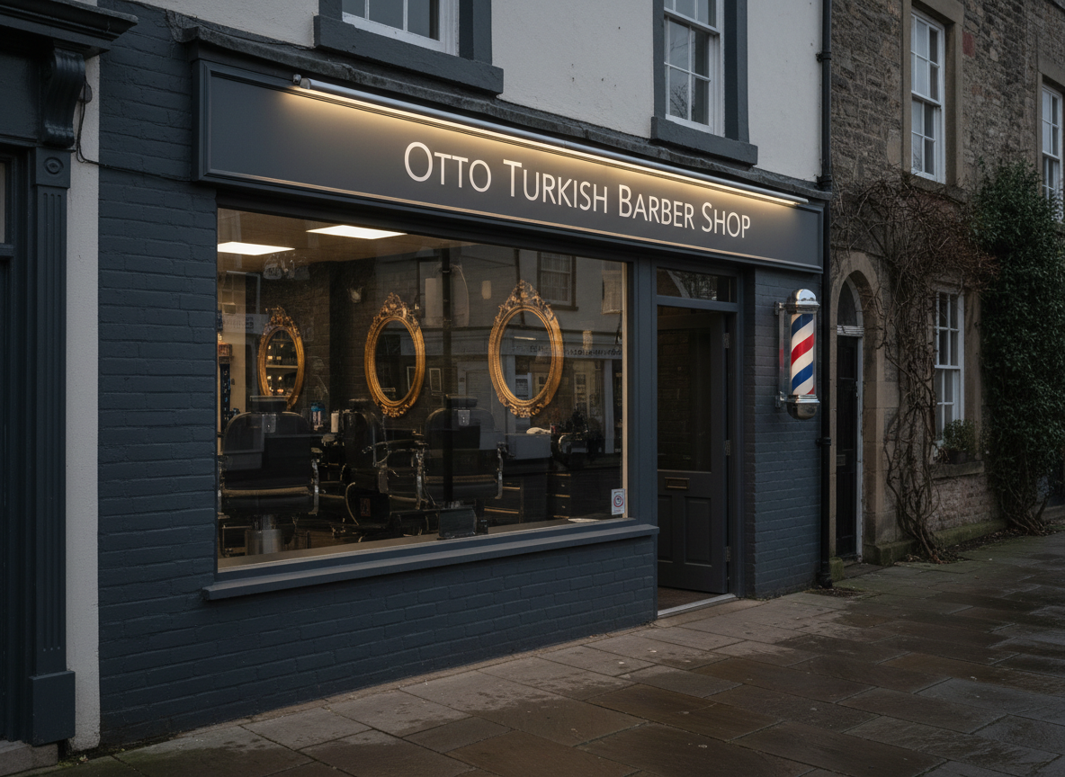 A serene, early-morning view of the exterior of Otto Turkish Barber Shop in Chepstow, captured in photographic realism with no people visible. The shopfront features a charcoal-gray facade with a large, clean window showcasing a glimpse of barber chairs and mirrors inside. The signage above the door is crisp and modern, with “Otto Turkish Barber Shop” in refined white lettering, subtly illuminated by slim overhead lights. A classic red-and-white striped barber pole is mounted beside the door, polished and gleaming. Soft overcast daylight creates an even, flattering illumination, with gentle reflections in the window and faint shadows on the pavement. Shot from street level with a slight angle, the composition uses leading lines from the sidewalk toward the entrance, conveying professionalism, approachability, and a strong sense of place in Chepstow’s high street.